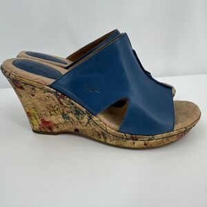 Born Casaba C34104 Blue Leather Floral Slip Womens Cork Wedge - Size 8M